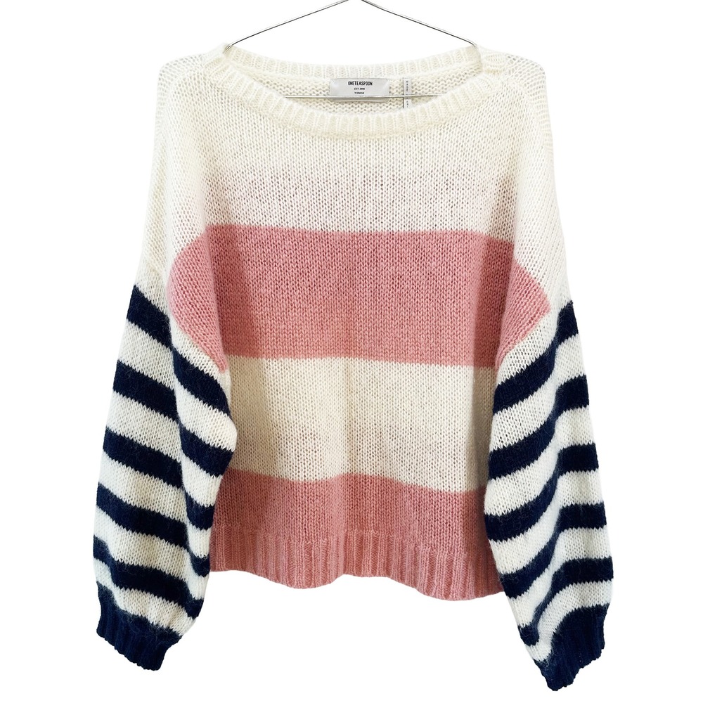 ONE TEASPOON Striped Mohair Blend Boat Neck Sweater • Small • cream pink navy